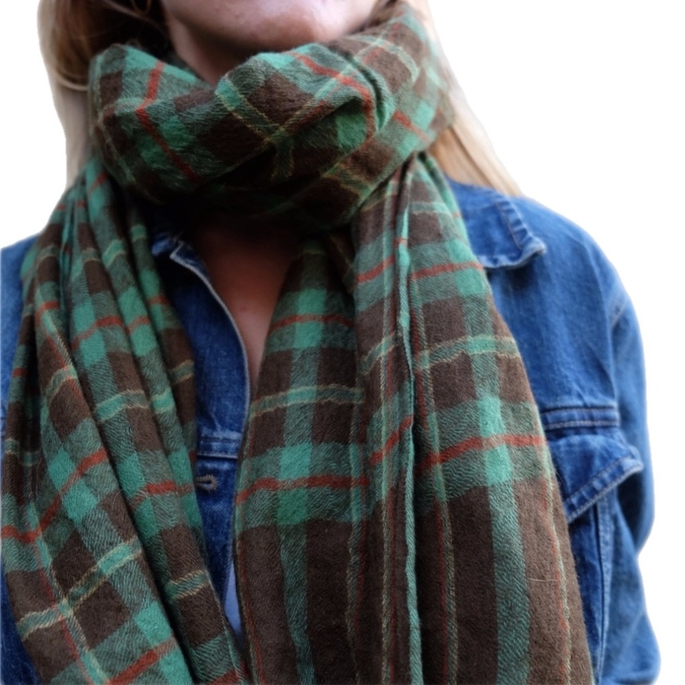 Vintage Plaid Green Red Brown Yellow Long Wool Fringed Scarf - Picture 4 of 13